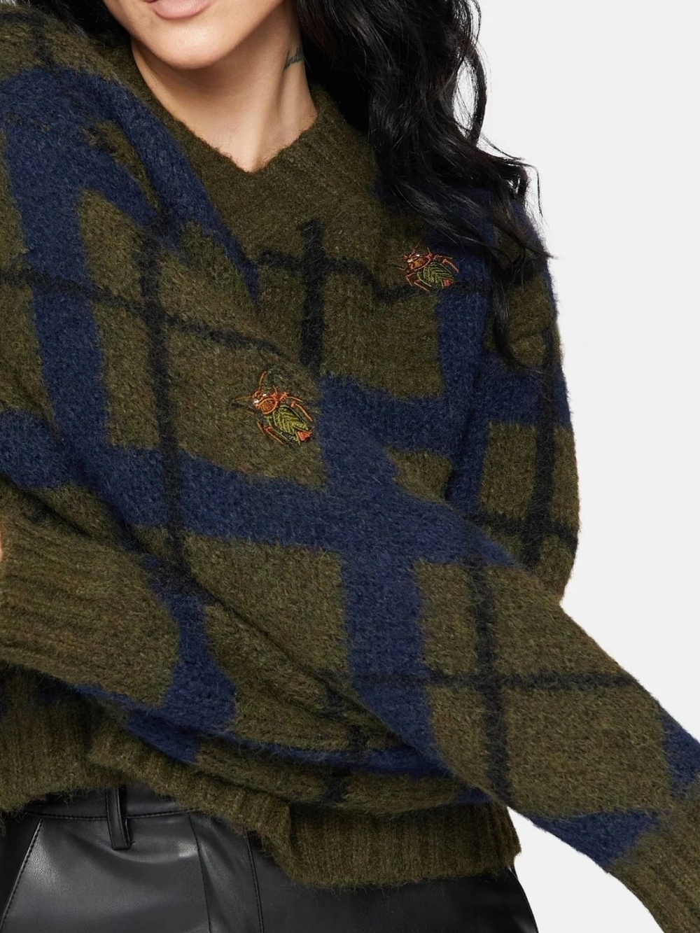 Disturbia Olive & Navy Checked Crewneck Sweater